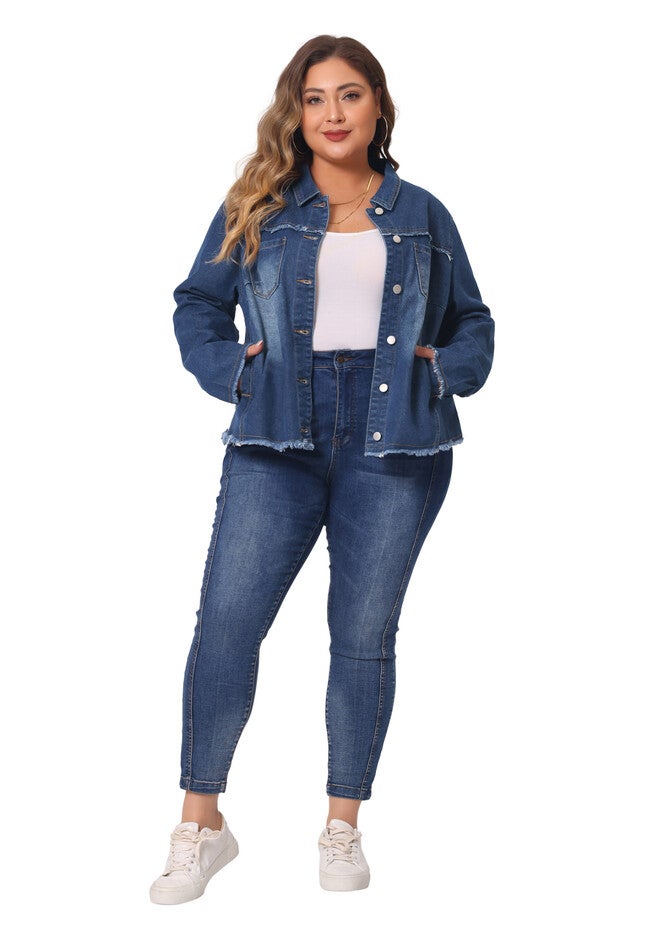 FRAYED HEM CLASSIC WASHED DENIM JEAN JACKET, Dark Blue / Navy, hi-res image number 0