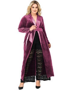 Plus Size Freya Stretch Velvet Wrap Midi Coat Dress With Satin Lapel And Satin Belt