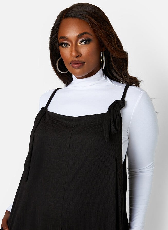 Lets Chill Ribbed Tie Strap Oversized Jumpsuit W. Pockets, Black / Black, alternate image number 3