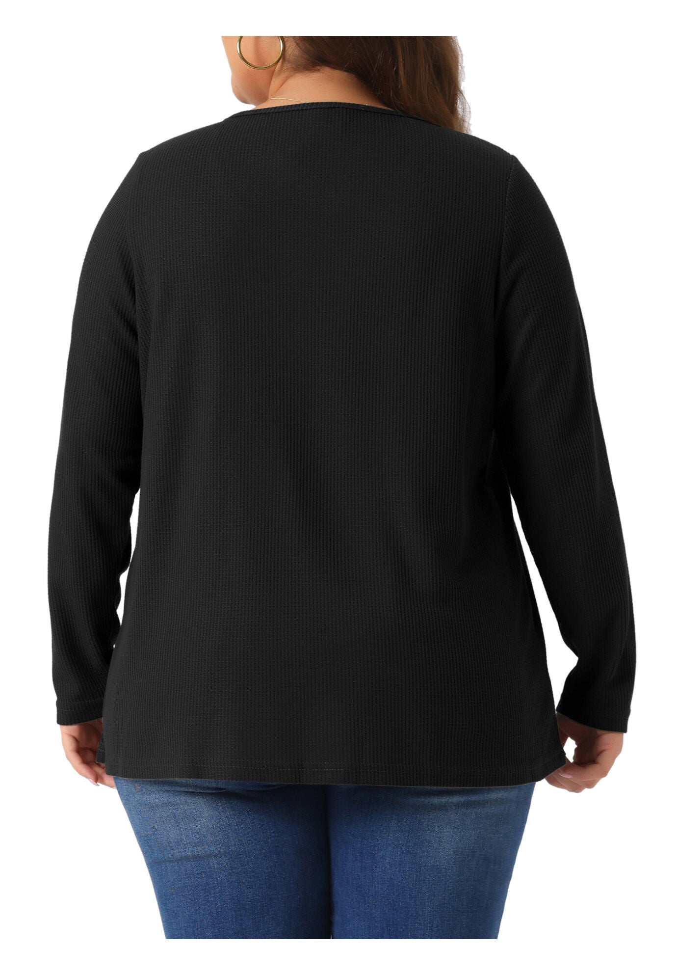 Crew Neck Pleat Front Long Sleeve Waffle Knit Blouse Shirt, Black / Black, alternate image number 3