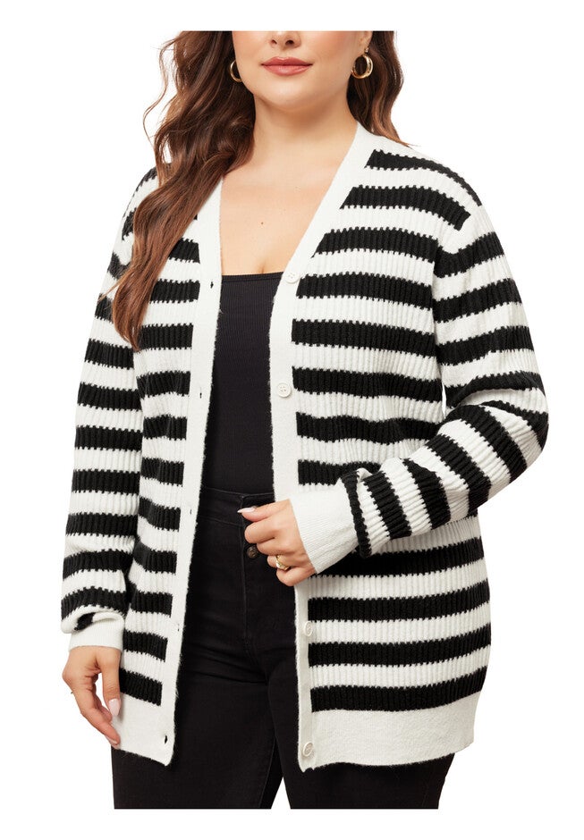 V NECK BUTTON DOWN OPEN FRONT STRIPED KNIT CARDIGAN, Black / Black, alternate image number 1
