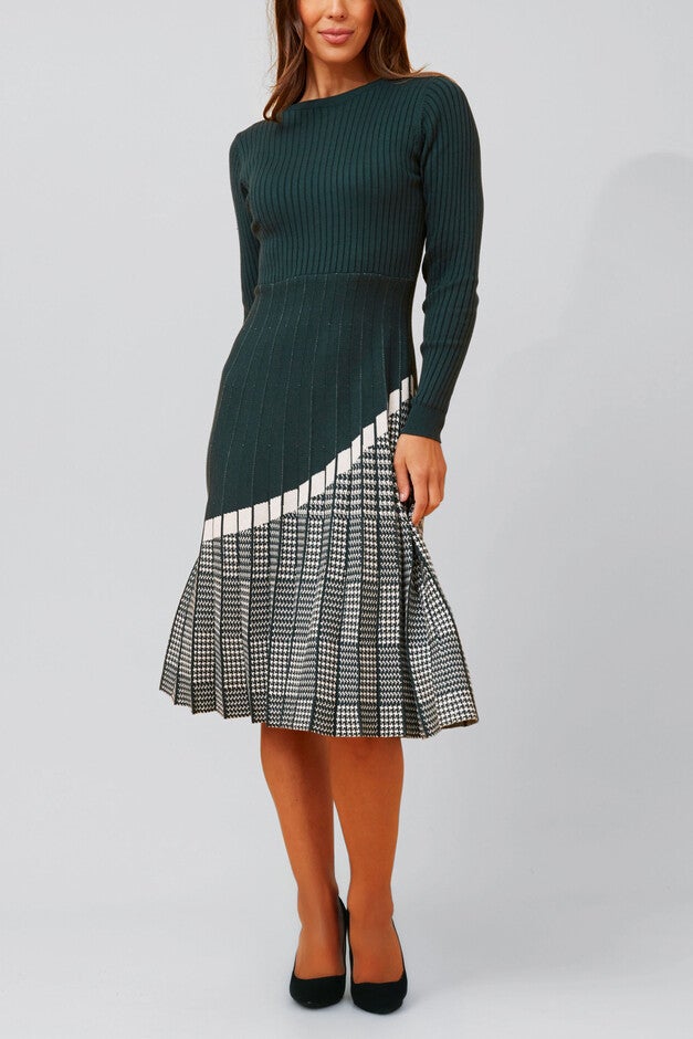 Leslie Dress Knit Prince De Galle Pleated Skirt, Green / Forest Green, hi-res image number 0