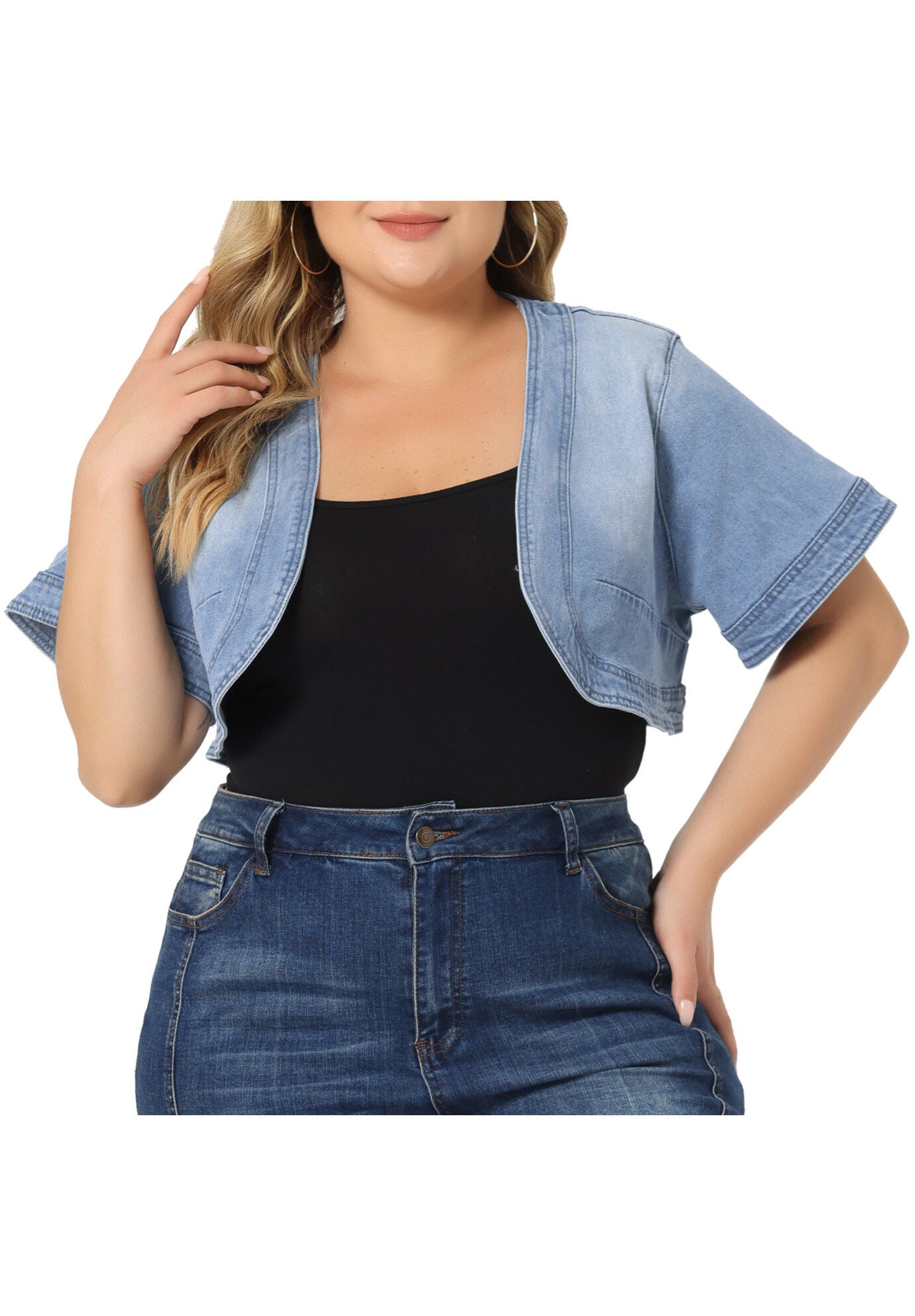 SHORT CROP DENIM JACKET SHRUG, Light Blue / Light Blue, alternate image number 2