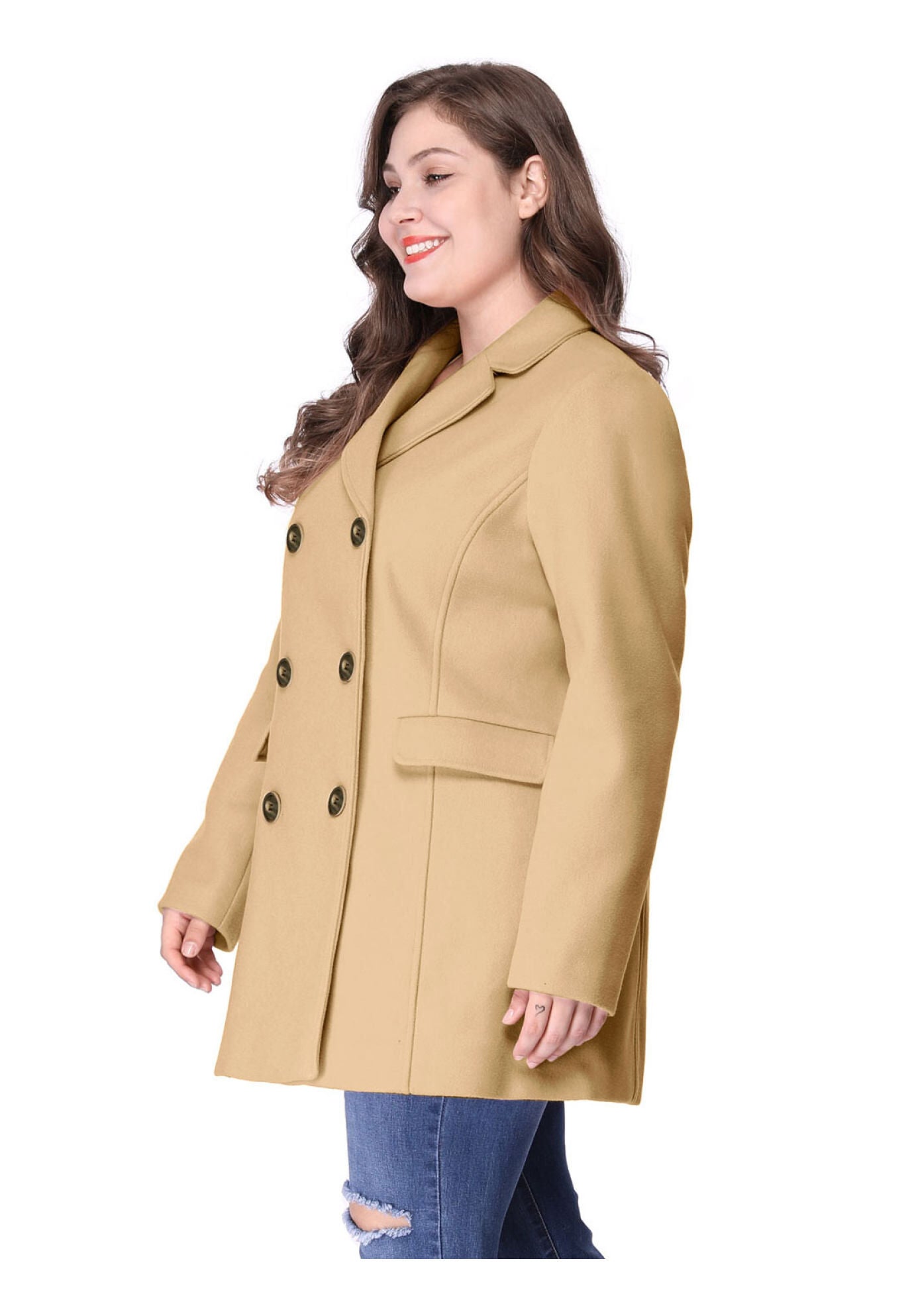NOTCHED LAPEL DOUBLE BREASTED COAT, Brown / Brown, alternate image number 3