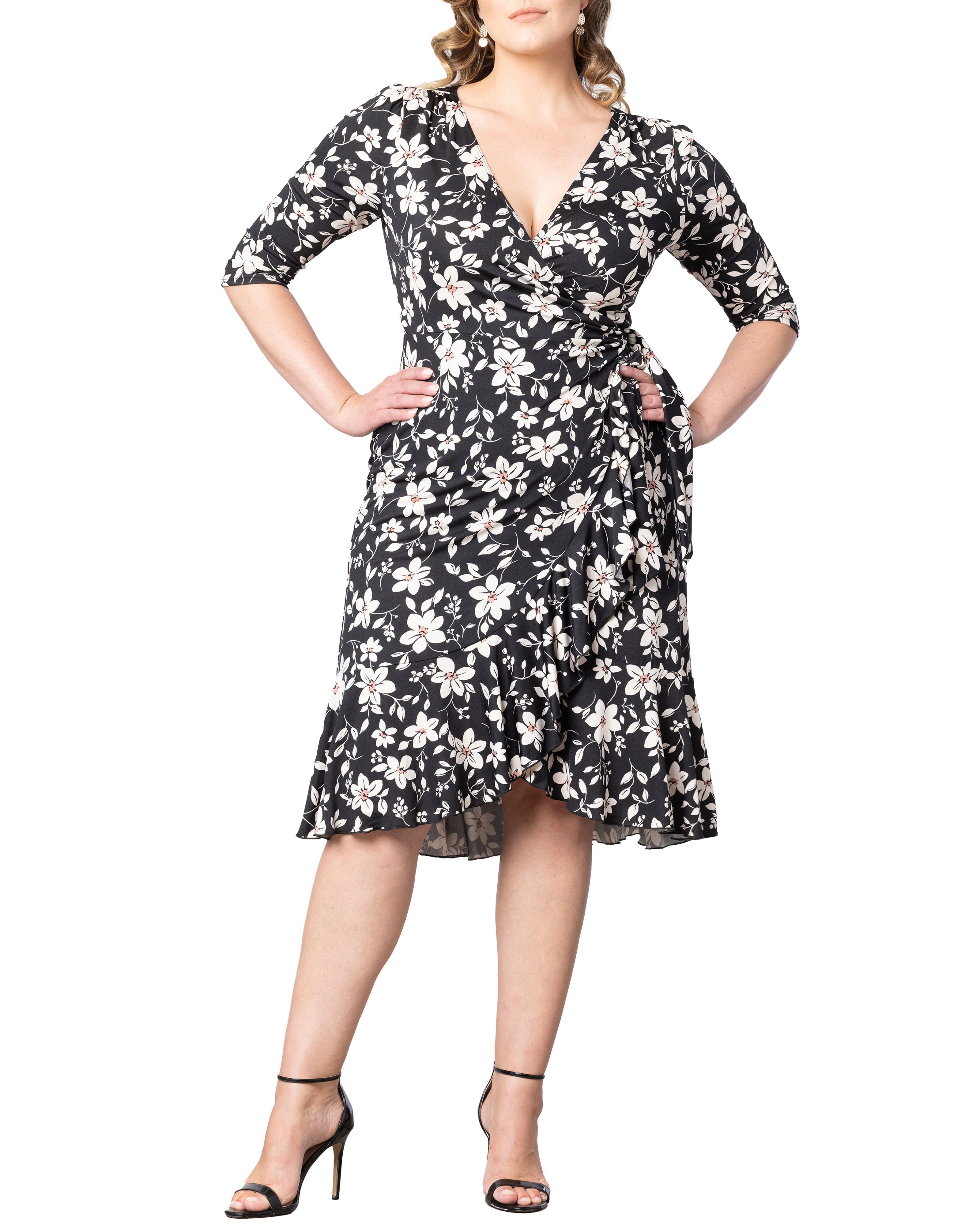 Flirty Flounce Wrap Dress, MIDNIGHT PETALS / Black, hi-res image number 0