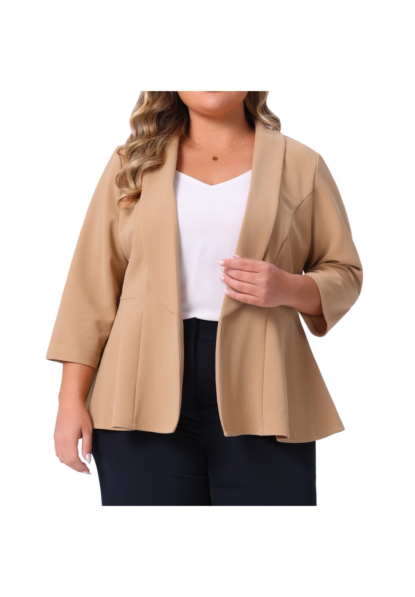 3/4 Sleeve Peplum Lapel Work Cardigan Blazer, Khaki / Beige, alternate image number 2