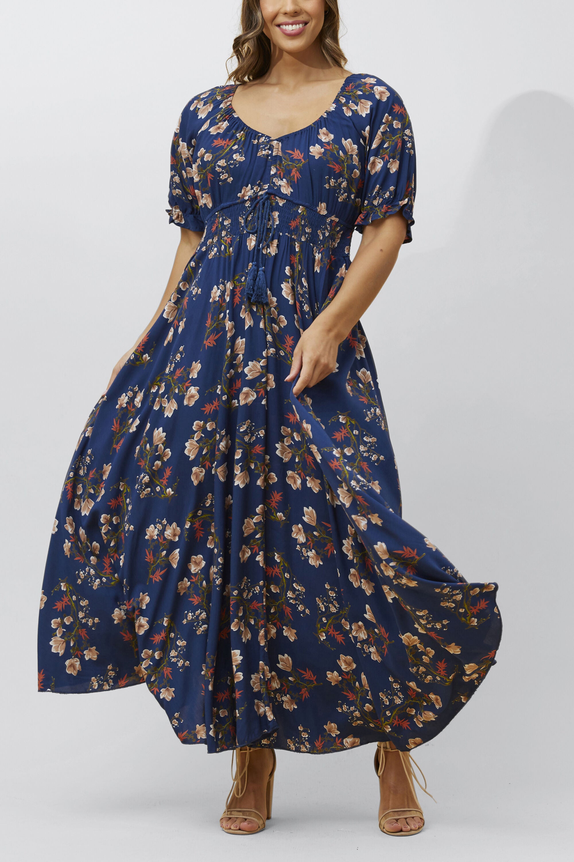 Carla Maxi Dress Floral Puff Short Sleeves, Navy / Navy, alternate image number 4