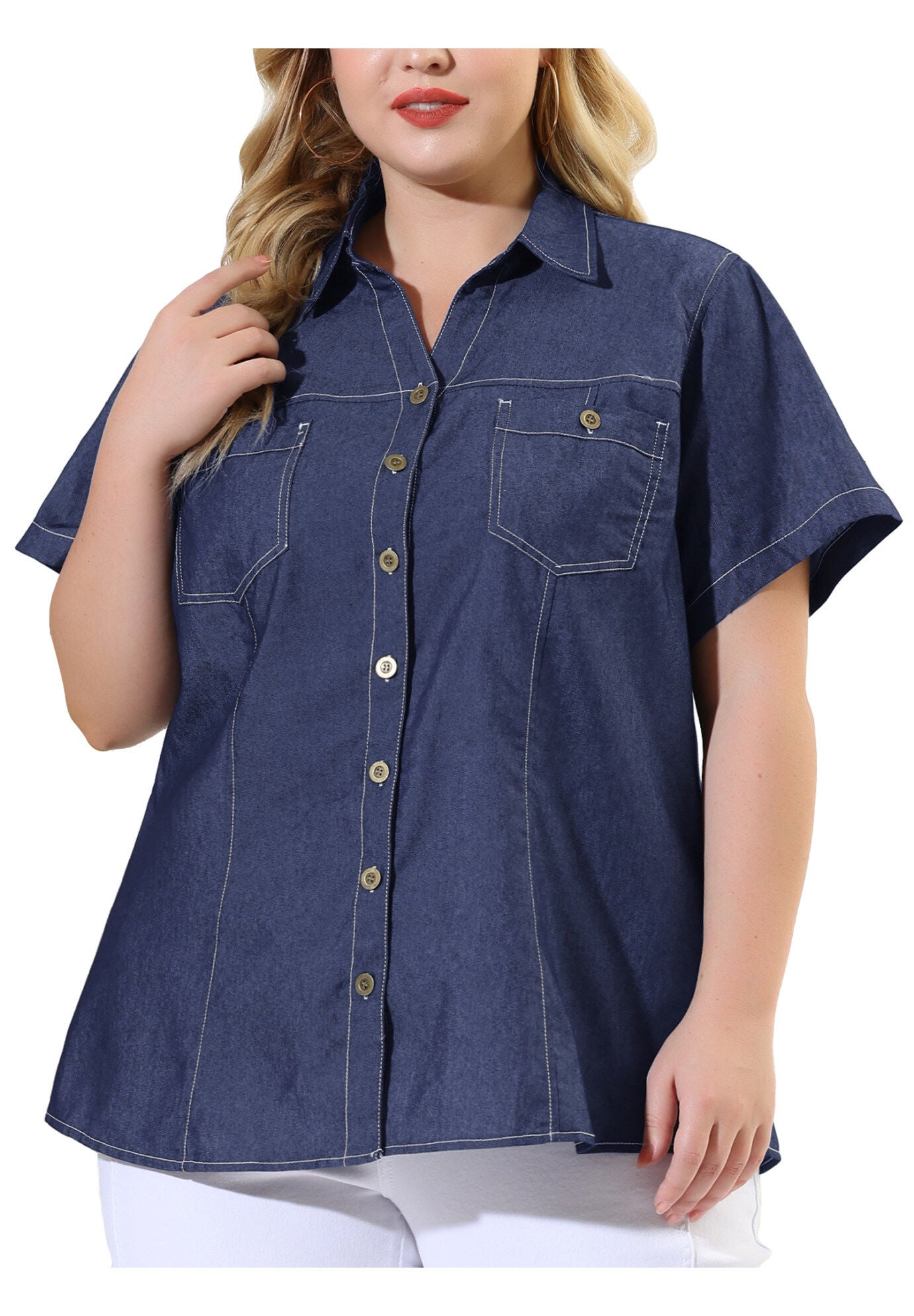 Short Sleeve Chambray Button Down Denim Shirt, Black Blue / Chambray Denim Medium, alternate image number 1