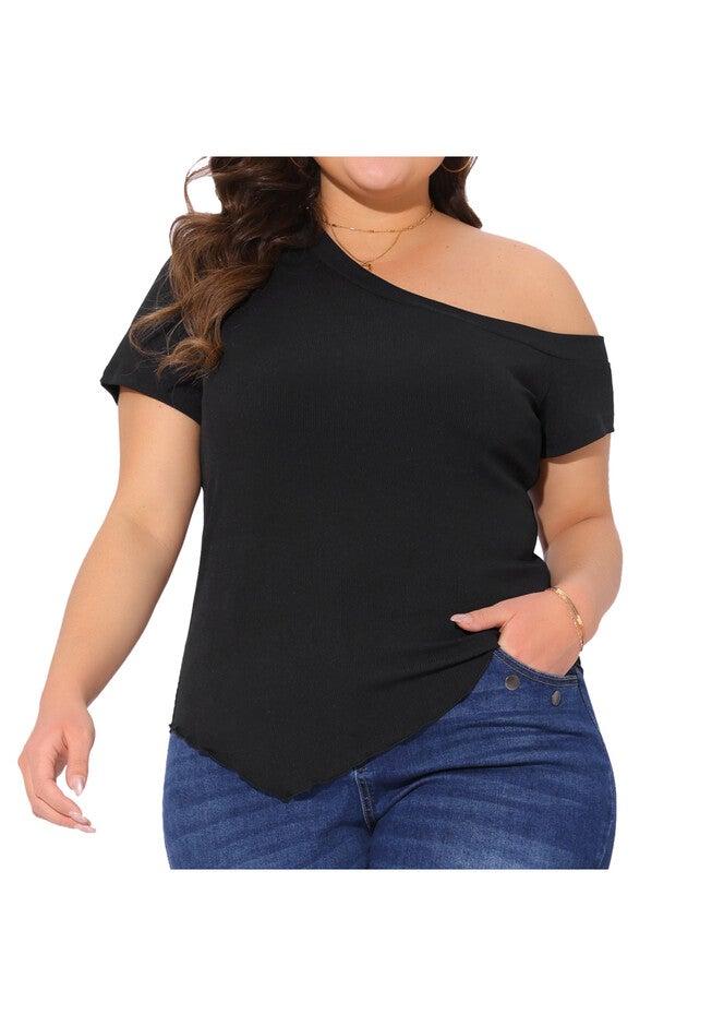 One Shoulder Short Sleeve Asymmetrical Hem Tee Top, Black / Black, alternate image number 2