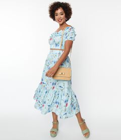 Unique Vintage Blue Floral & Blue Bird Tiered Midi Skirt