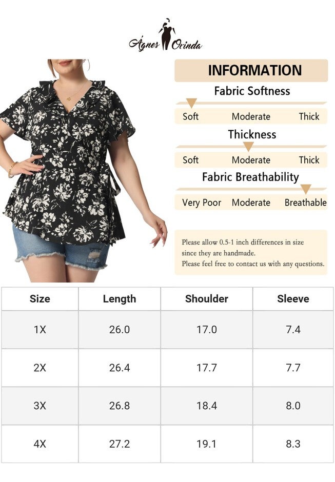 Wrap V Neck Tie Waist Ruffle Sleeve Blouse Summer Floral Top, Black / Black, alternate image number 3