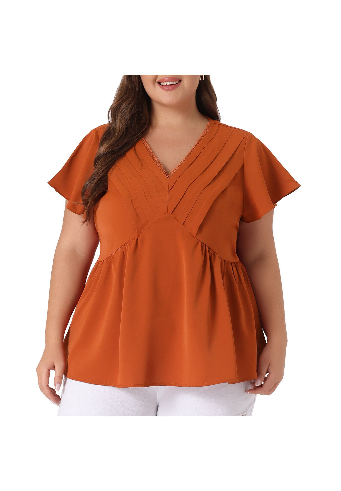 V NECK FLARE SLEEVE RUFFLE PEPLUM WRAP BLOUSE TOP, Caramel / Burnt Orange, alternate image number 1