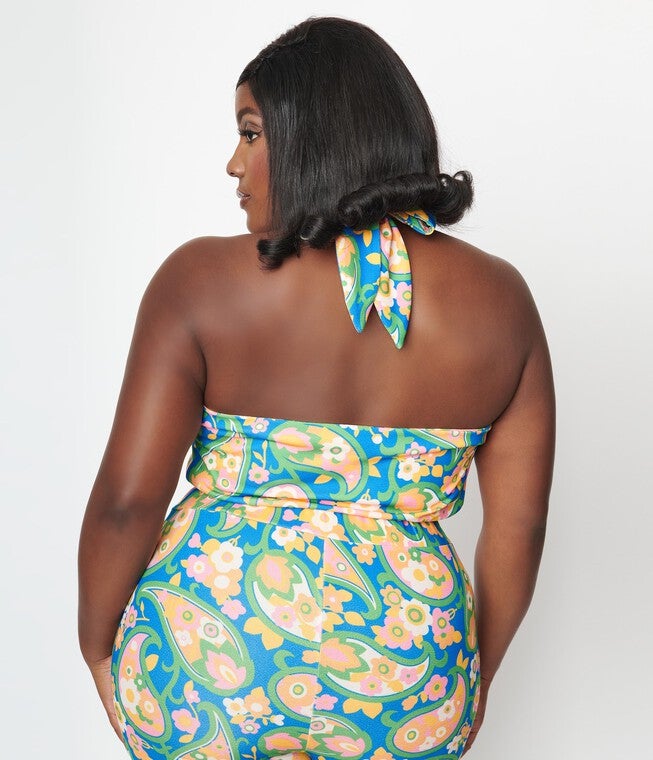 Smak Parlour Plus Size Blue Paisley Floral Mod Print Crop Top, , alternate image number null