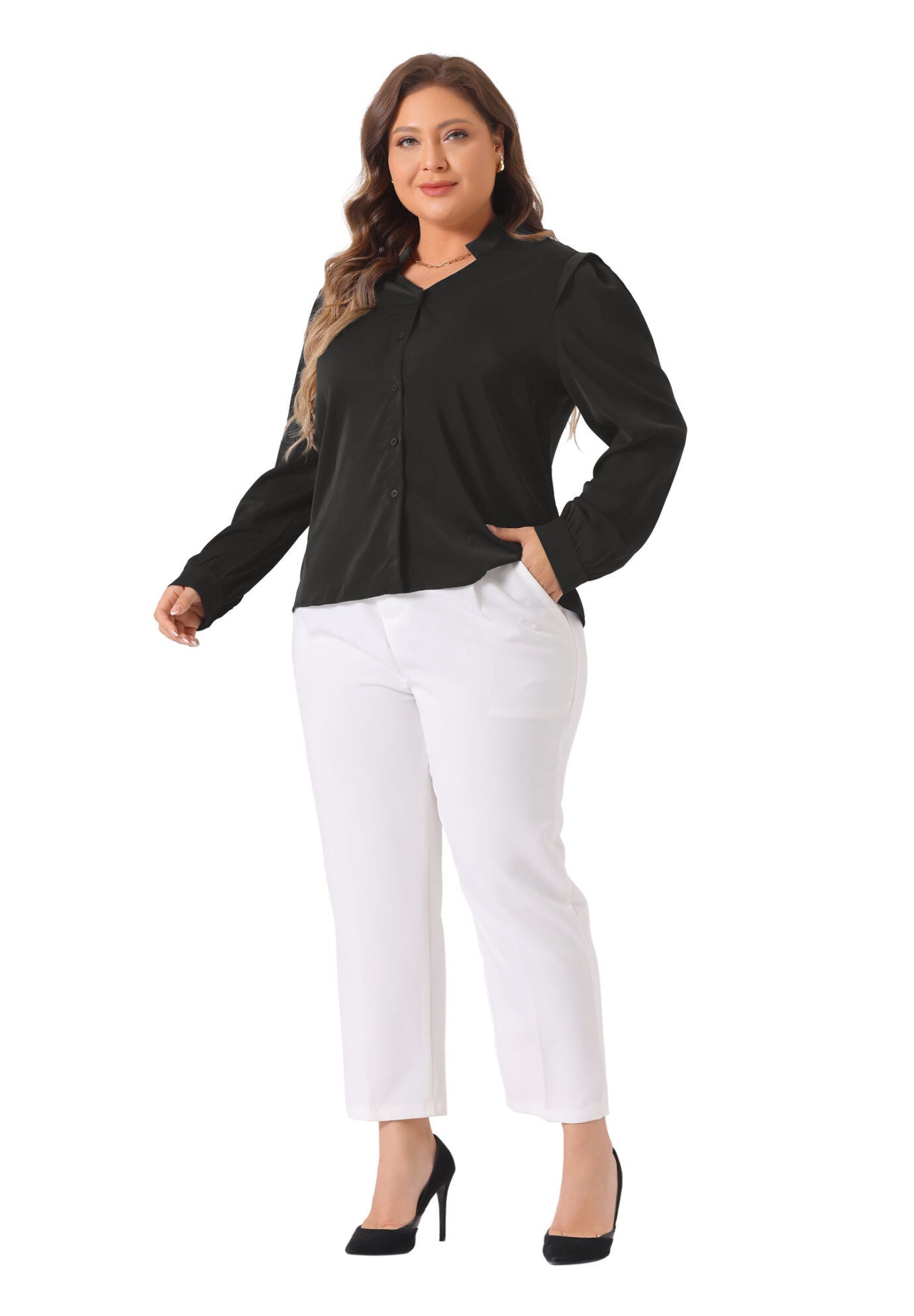 Button Up Notch V Neck Long Sleeve Work Shirt, Black / Black, hi-res image number 0