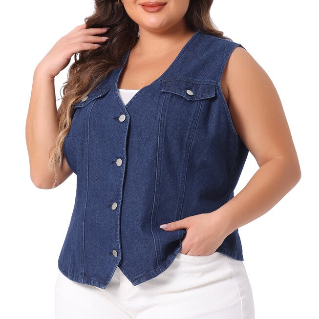 V NECK SLEEVELESS UTILITY JEAN DENIM VEST, Dark Blue / Navy, alternate image number 1