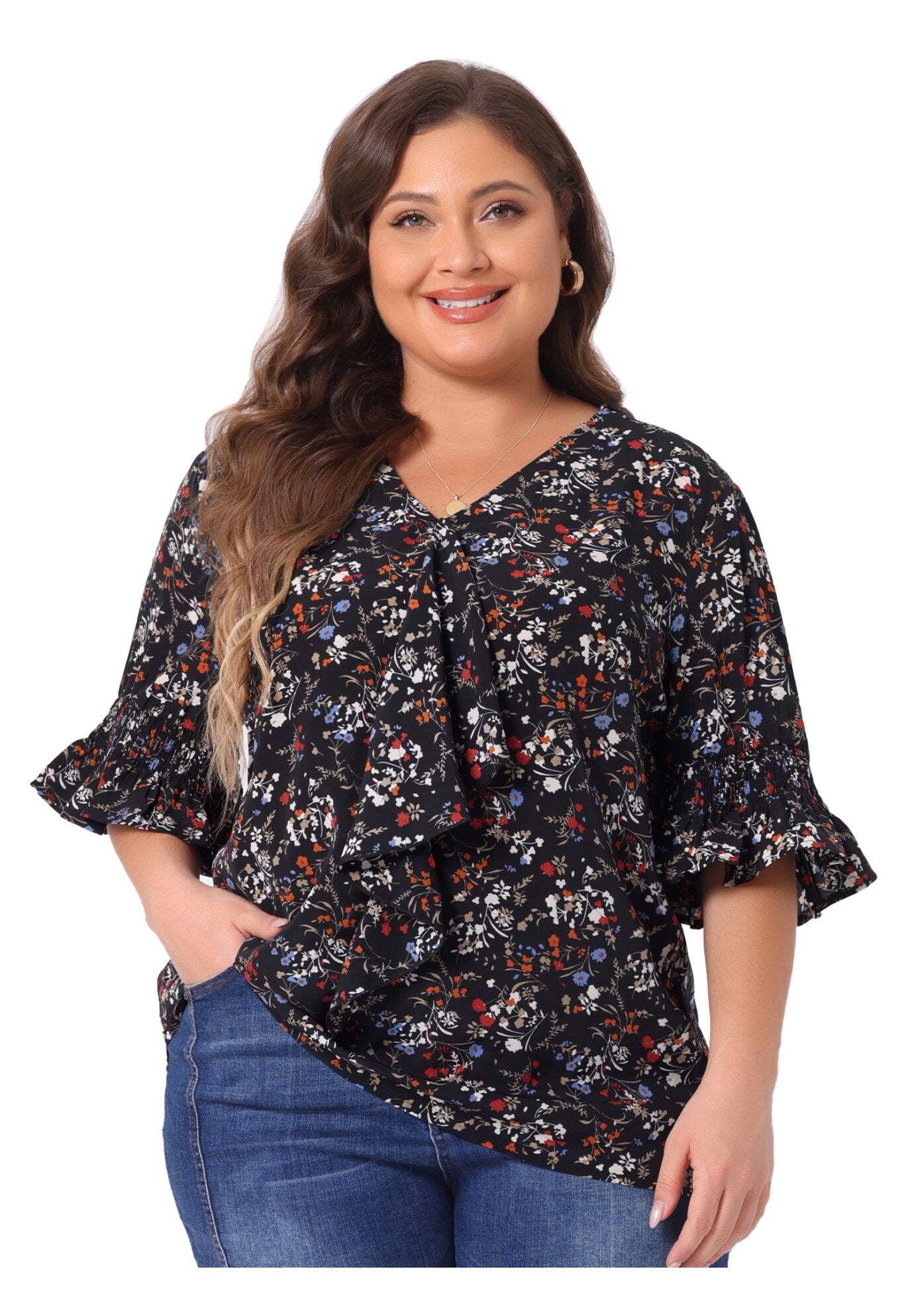 Ruffle Blouse V Neck Smocked Sleeves Top, Black / Black, alternate image number 2