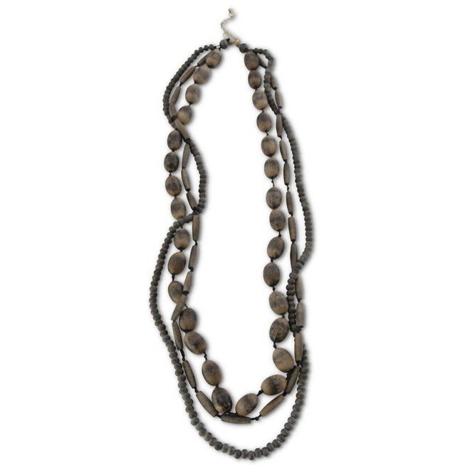38 inches BEAD THREE STRAND NECKLACE IN BLACK & GRAY, Black Gray / Light Grey, hi-res image number 0