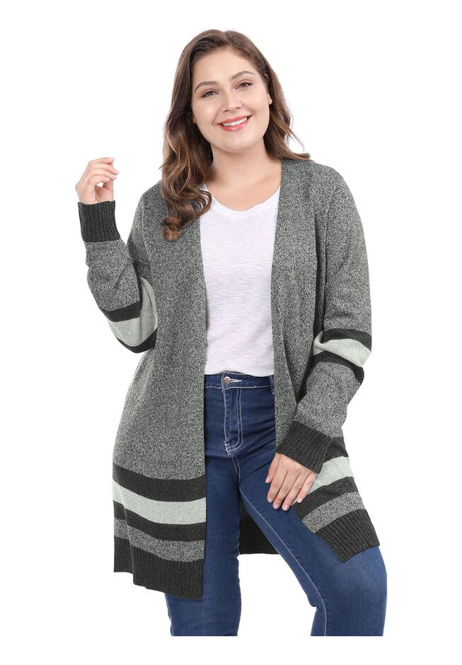 CONTRAST COLOR STRIPED OPEN FRONT KNIT SWEATER CARDIGAN, Black / Black, alternate image number 3