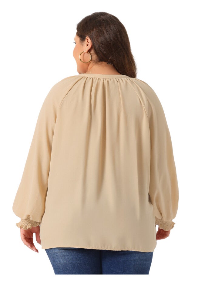 Puff Long Sleeve V-Neck Ruffle Cuffs Blouse, Dark Beige / Beige, alternate image number 3