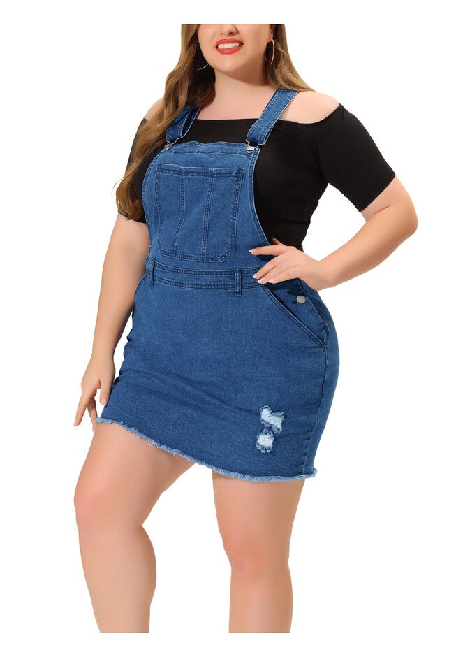 ADJUSTABLE STRAP DISTRESSED DENIM SUSPENDER SKIRT OVERALL DRESS, Denim Blue / Light Blue, alternate image number 3