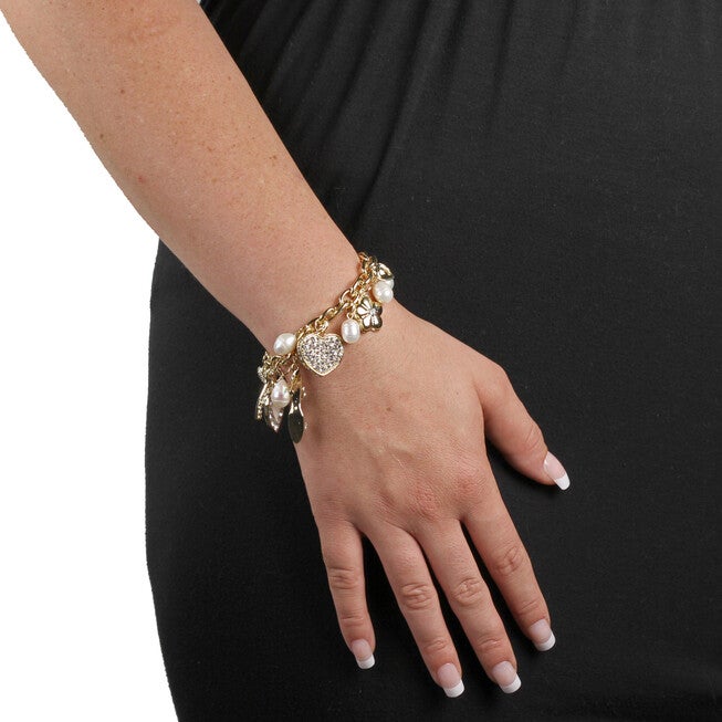 Fashion Cultured Freshwater Pearl Crystal Charm Bracelet in Yellow Goldtone, White / White, alternate image number 2