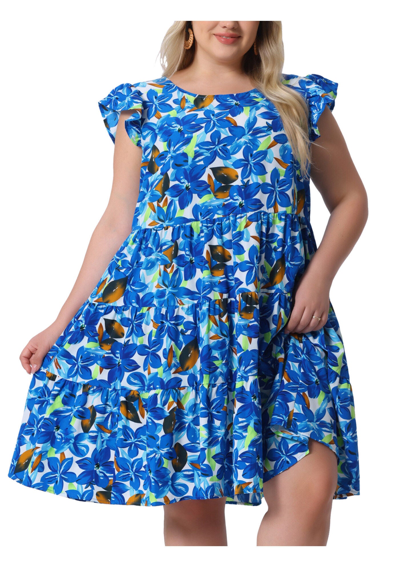 Summer Flutter Sleeves Floral Print Tiered Babydoll Ruffle Dress, Blue / Azure Blue, alternate image number 2
