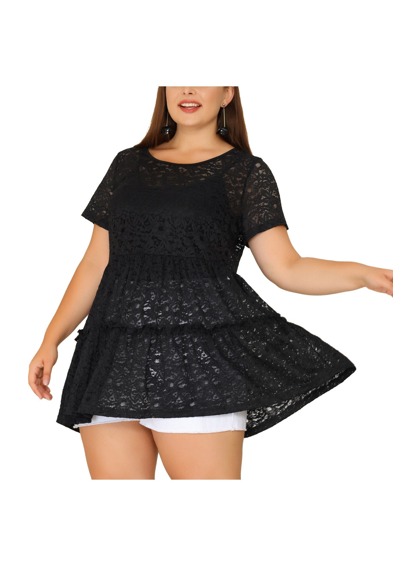 Babydoll Blouse Lace Allover Short Sleeve Tiered Peplum Top, Black / Black, alternate image number 1