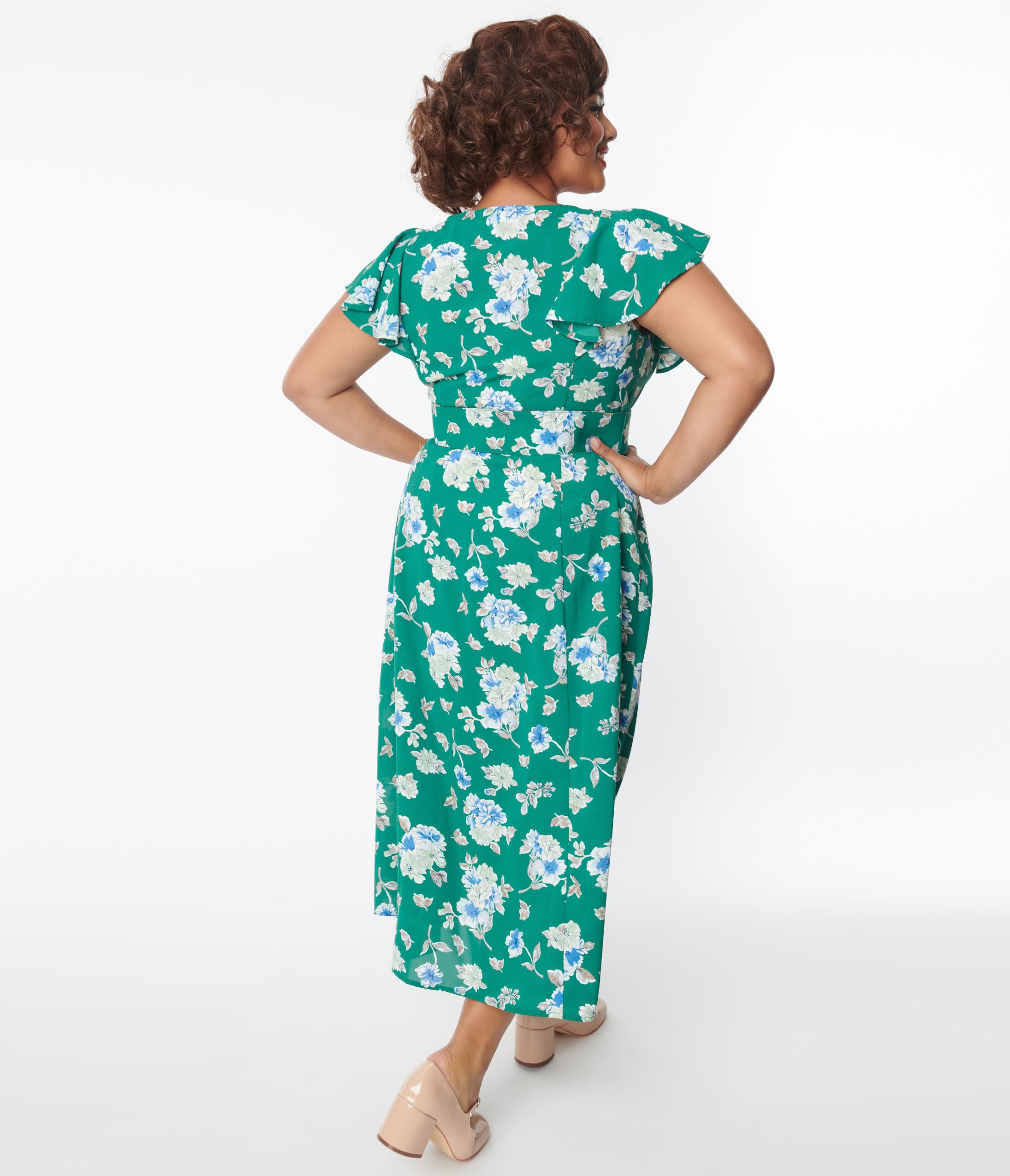 Unique Vintage Green Floral Flutter Sleeve Midi Dress, Green Floral / Turquoise, alternate image number 3