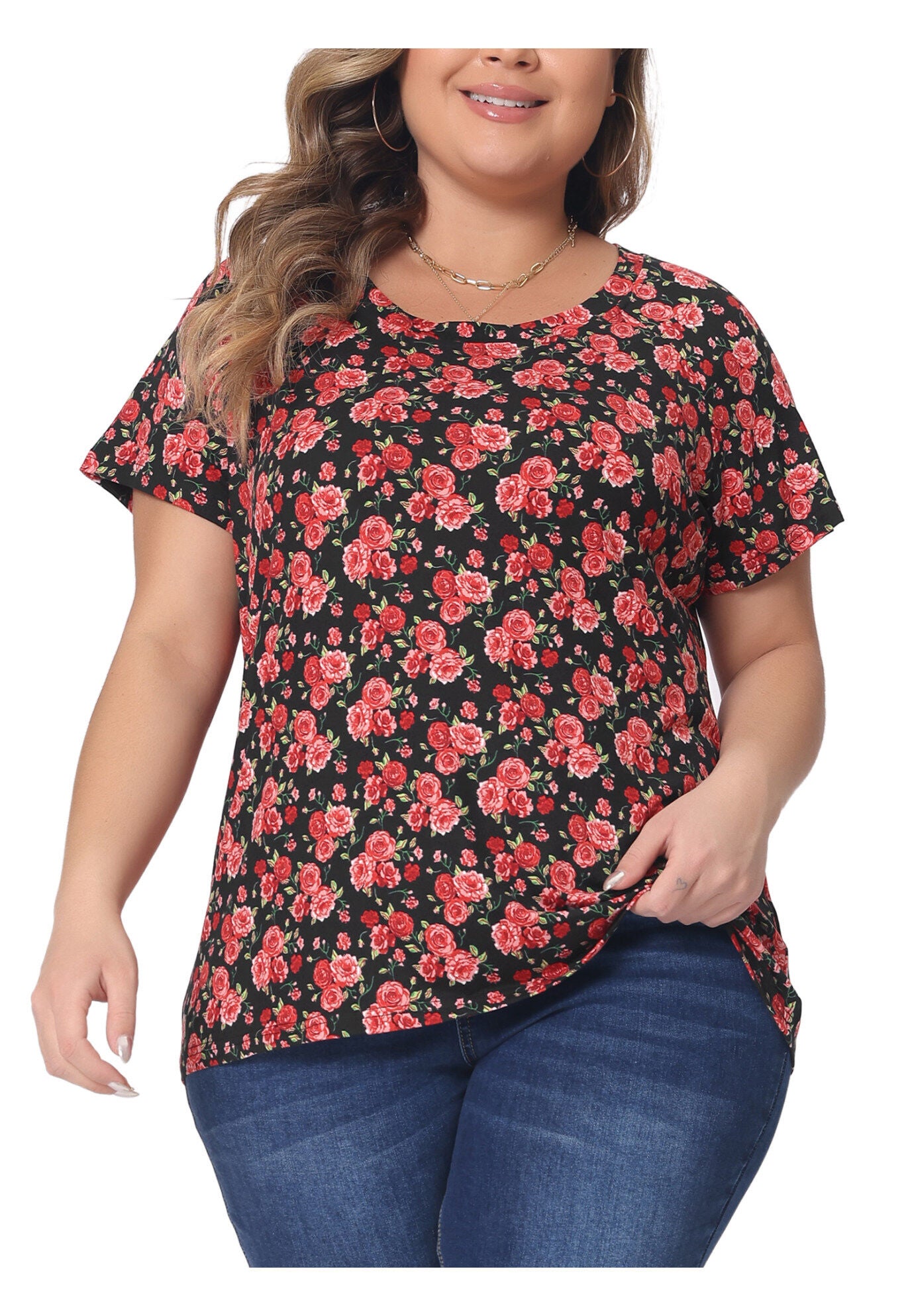 Floral Blouse Short Sleeves Loose Top, Red / Red, alternate image number 2