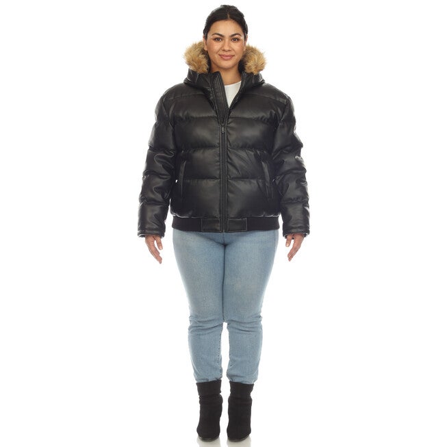 Women's Removable Fur Hoodie Bomber Leather Jacket, Black / Black, alternate image number null