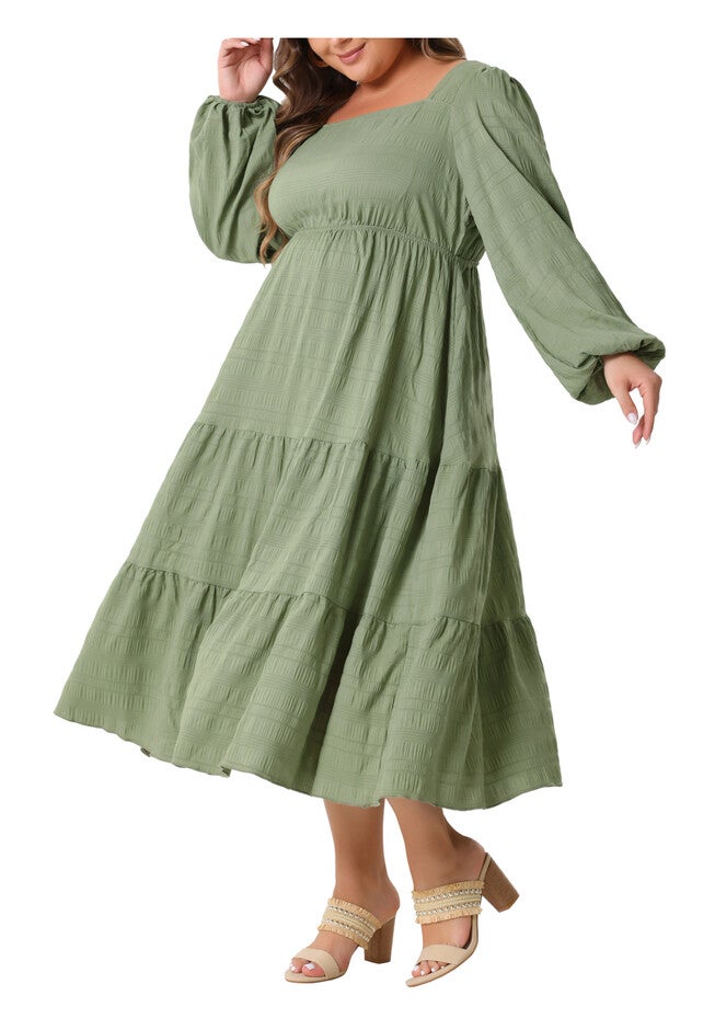 Square Neck Long Sleeve Flowy A Line Tiered Midi Dress, Green / Sage Green, alternate image number null