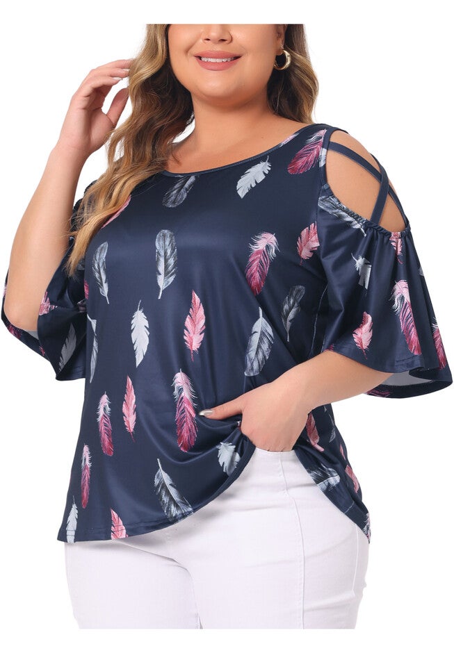 Cold Shoulder Feather Print Round Neck Summer Top, Navy Blue / Navy, alternate image number 2