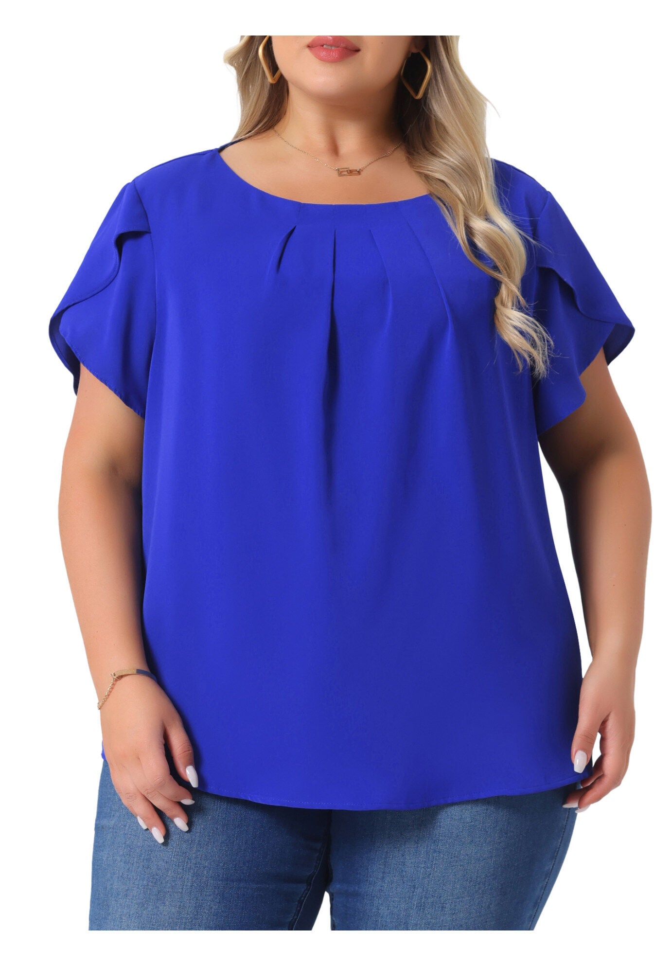 Round Neck Pleated Top Tulip Sleeves Blouse Top, Royal Blue / Royal Blue, alternate image number 2