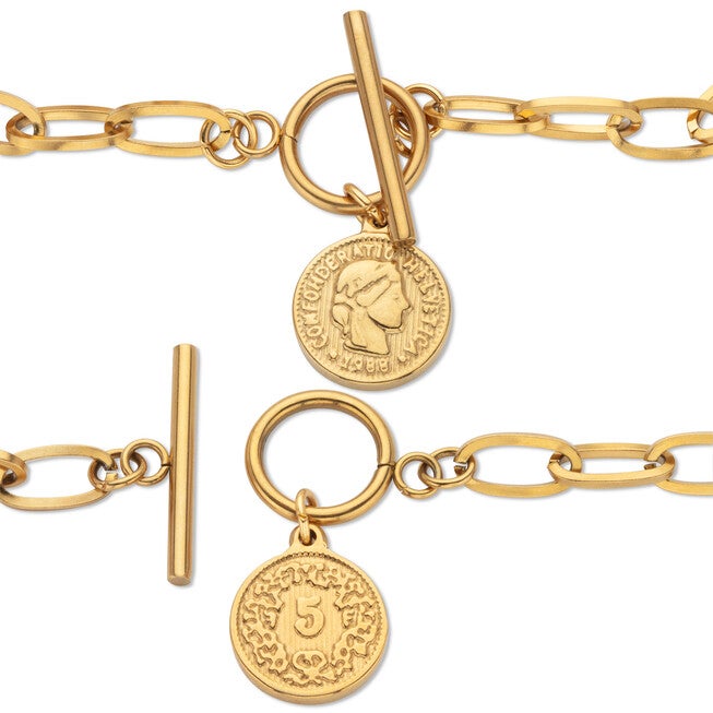 2 Piece Cable Link Coin Necklace Set Gold Ion Plated Stainless Steel, , alternate image number null