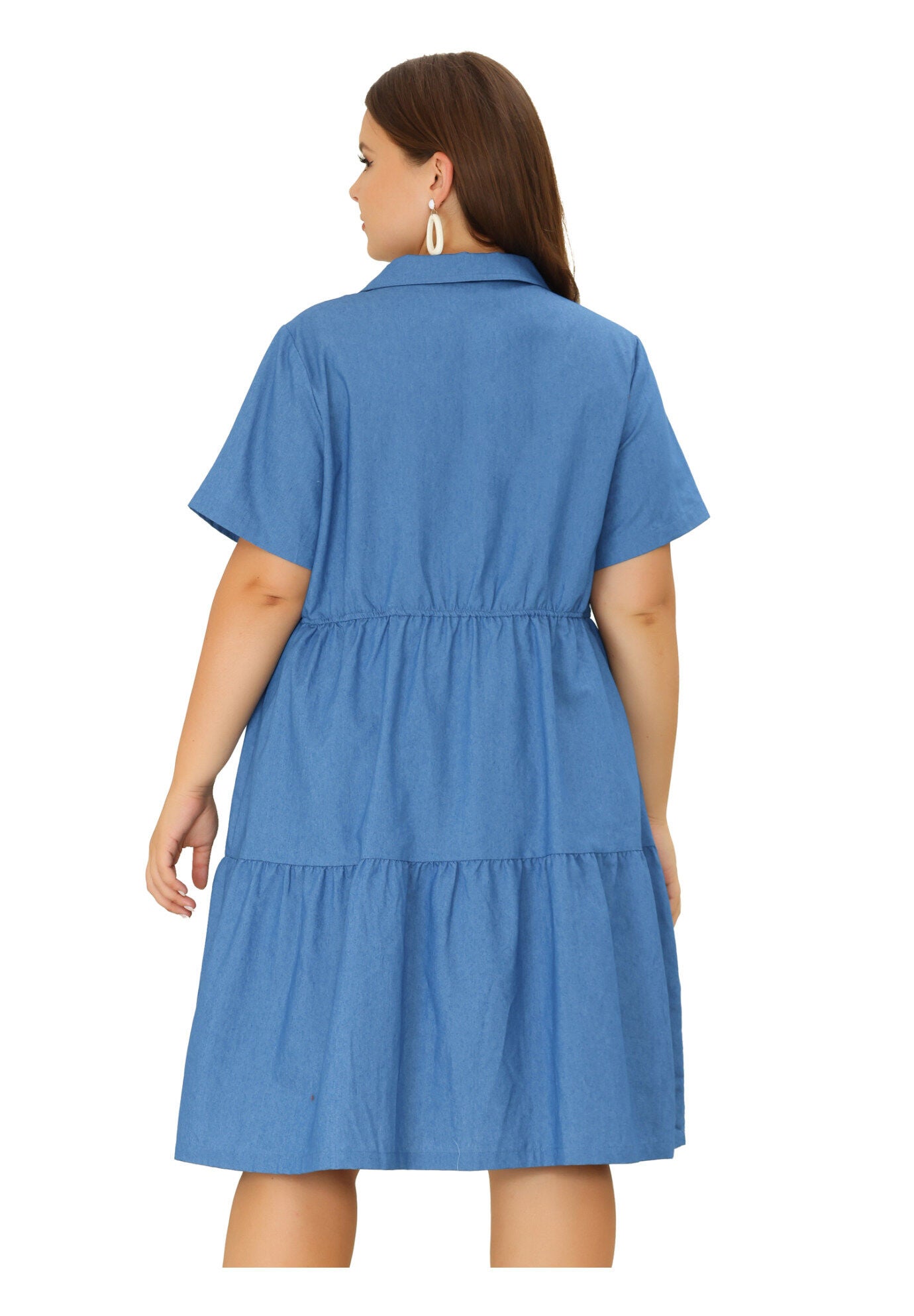 Short Sleeve Button Down Flowy Tiered Shirt Chambray Dress, Denim Blue / Chambray Denim Medium, alternate image number 3