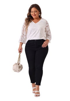 3/4 Bell Sleeve V Neck Elegant Floral Lace Blouse