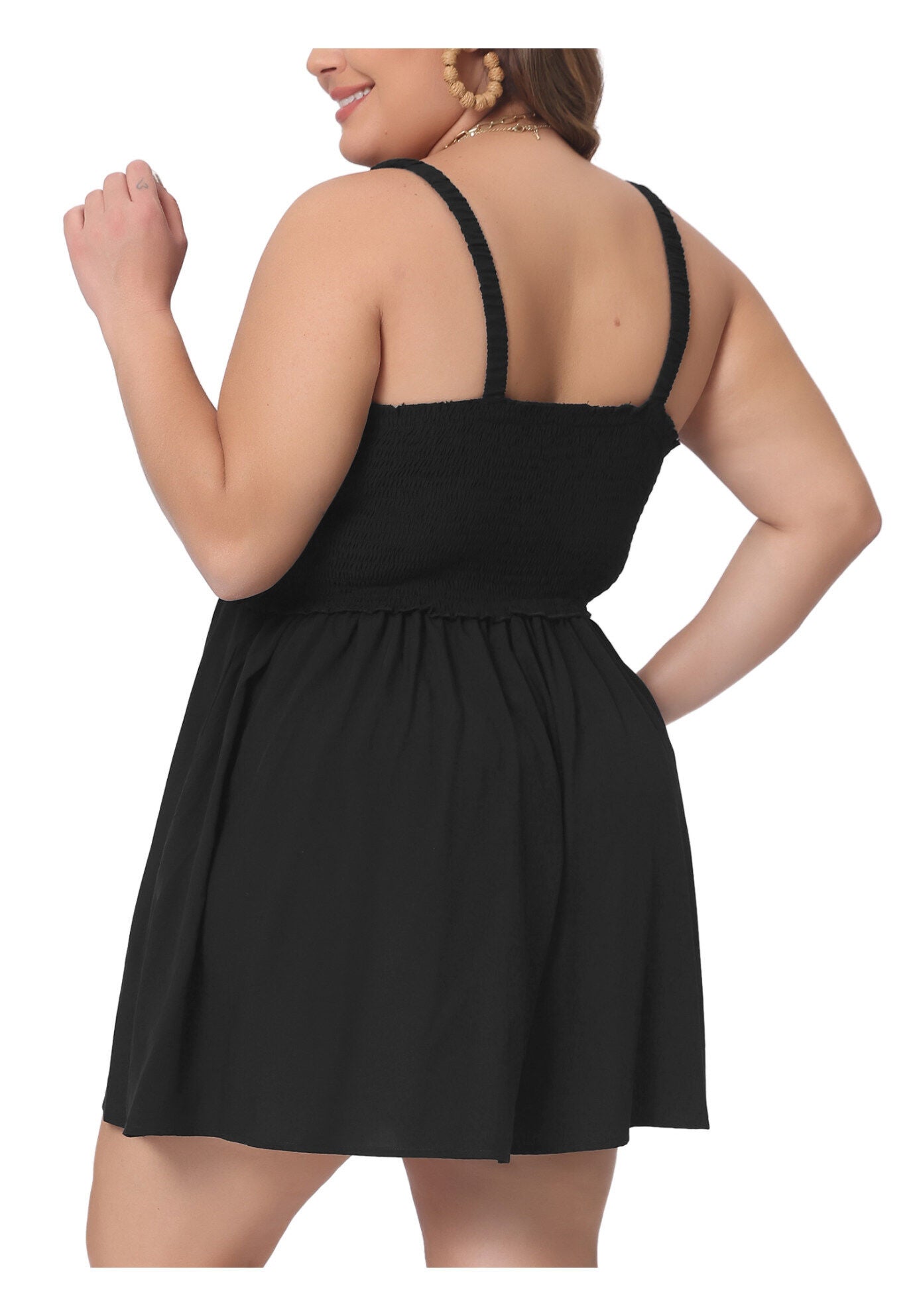 SLEEVELESS ROMPERS SQUARE COLLAR FLOWY SHORT JUMPSUIT, Black / Black, alternate image number 3