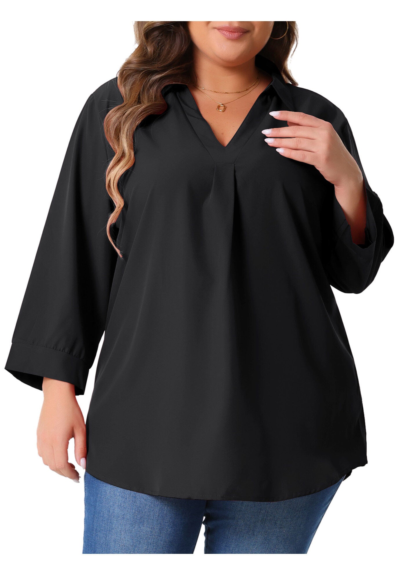 V Neck 3/4 Sleeve Flowy Blouse Work Chiffon Shirt, Black / Black, alternate image number 2