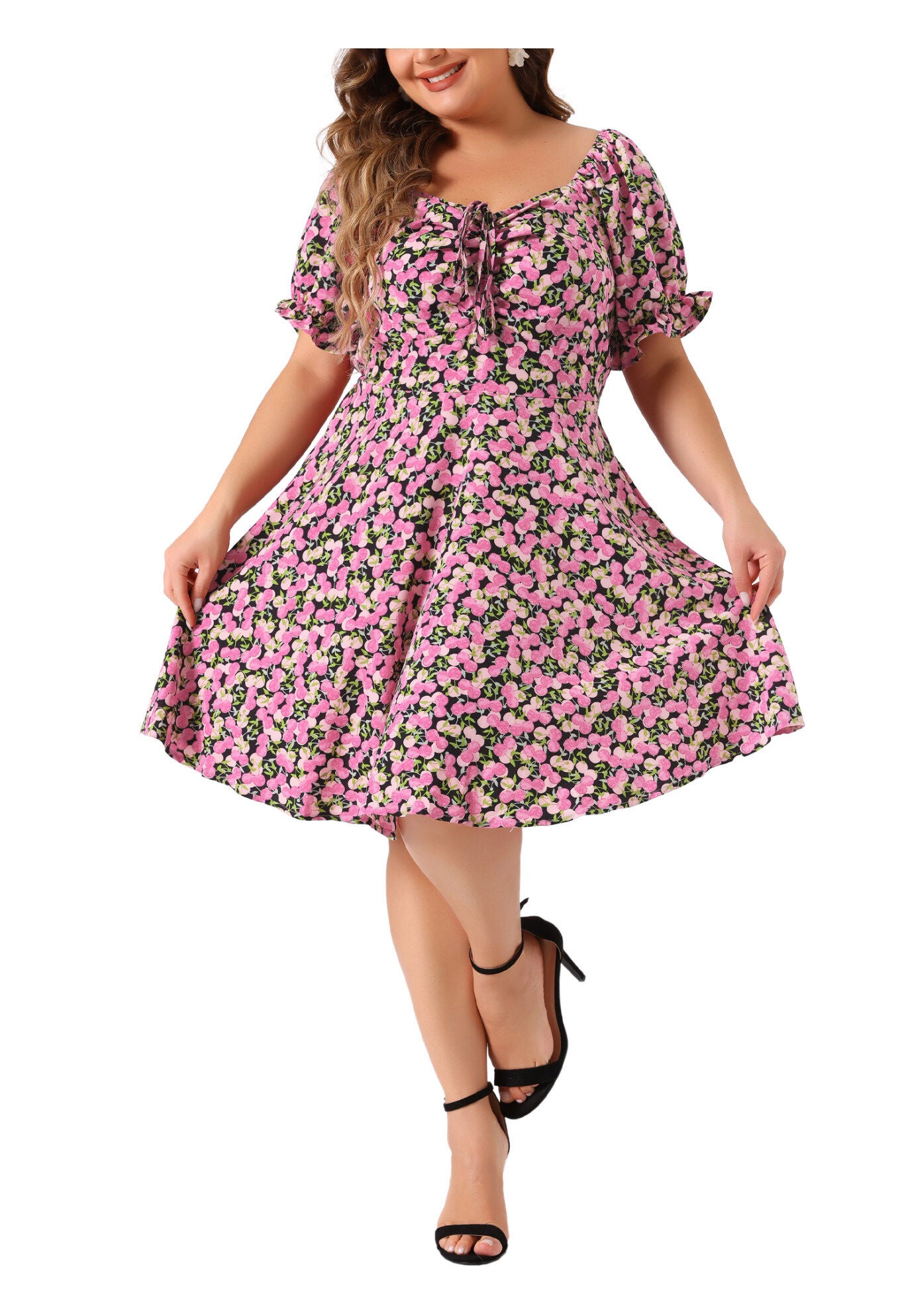 Sweetheart Neck Puff Short Sleeve Tie Swing A Line Midi Floral Dress, Black / Black, alternate image number 2