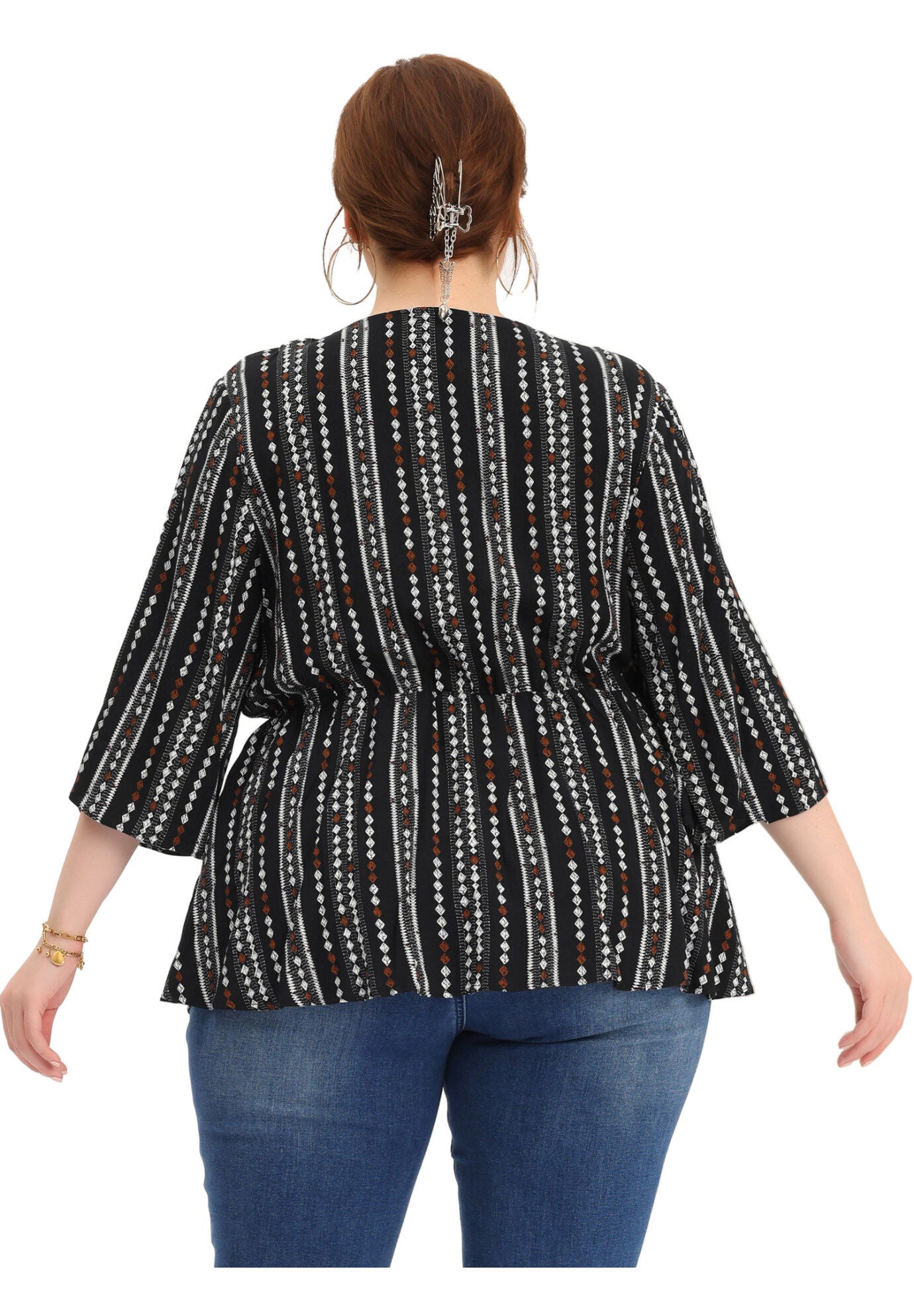 Boho Work V Neck Striped Peplum Top Blouse, Black / Black, alternate image number 3