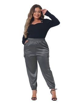SATIN JOGGERS ELASTIC WAIST ATHLEISURE ANKLE LENGTH CARGO PANTS