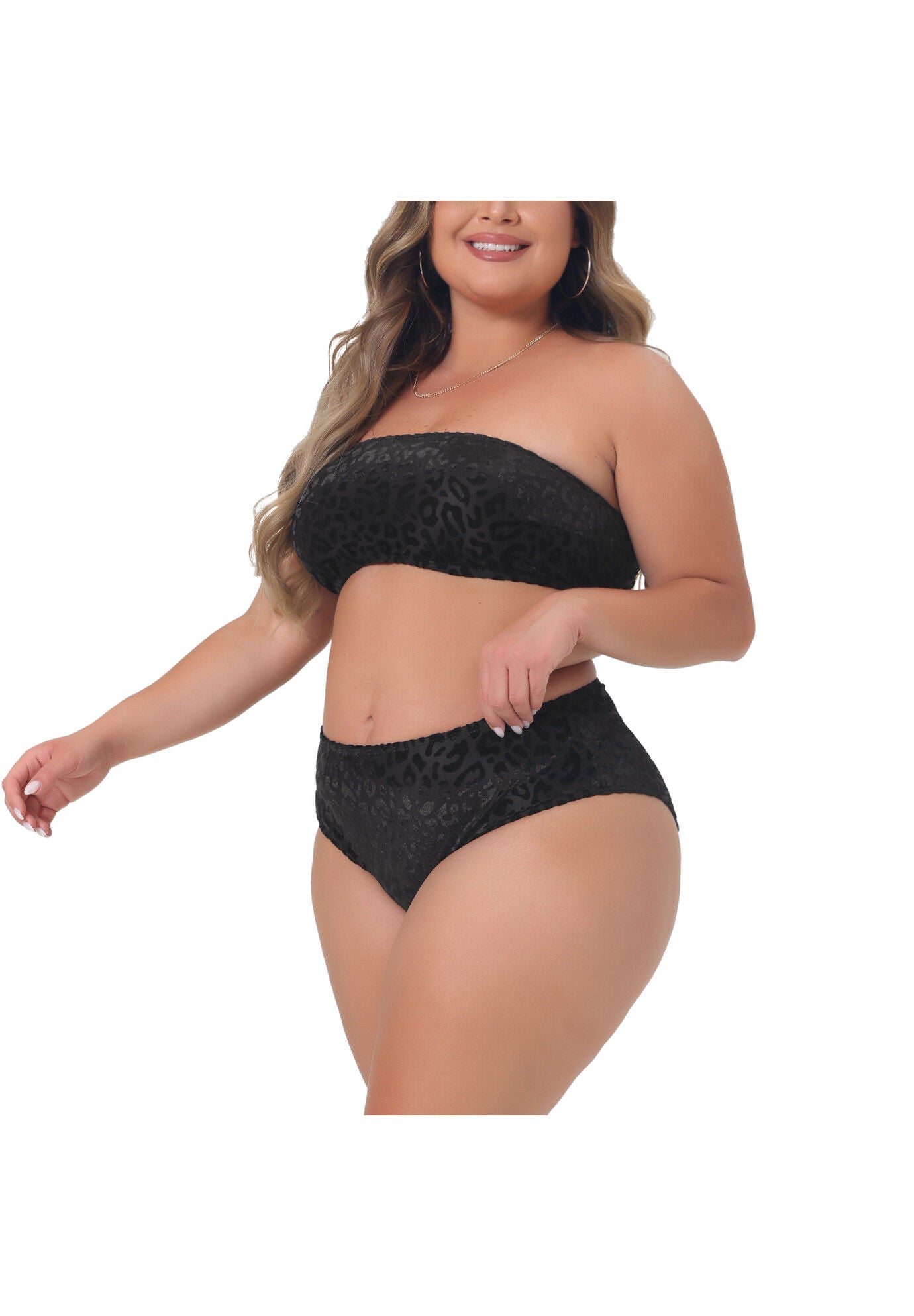 2 Piece Bandeau Bikini Velvet Leopard High Waisted Swimsuit, Black / Black, alternate image number 1