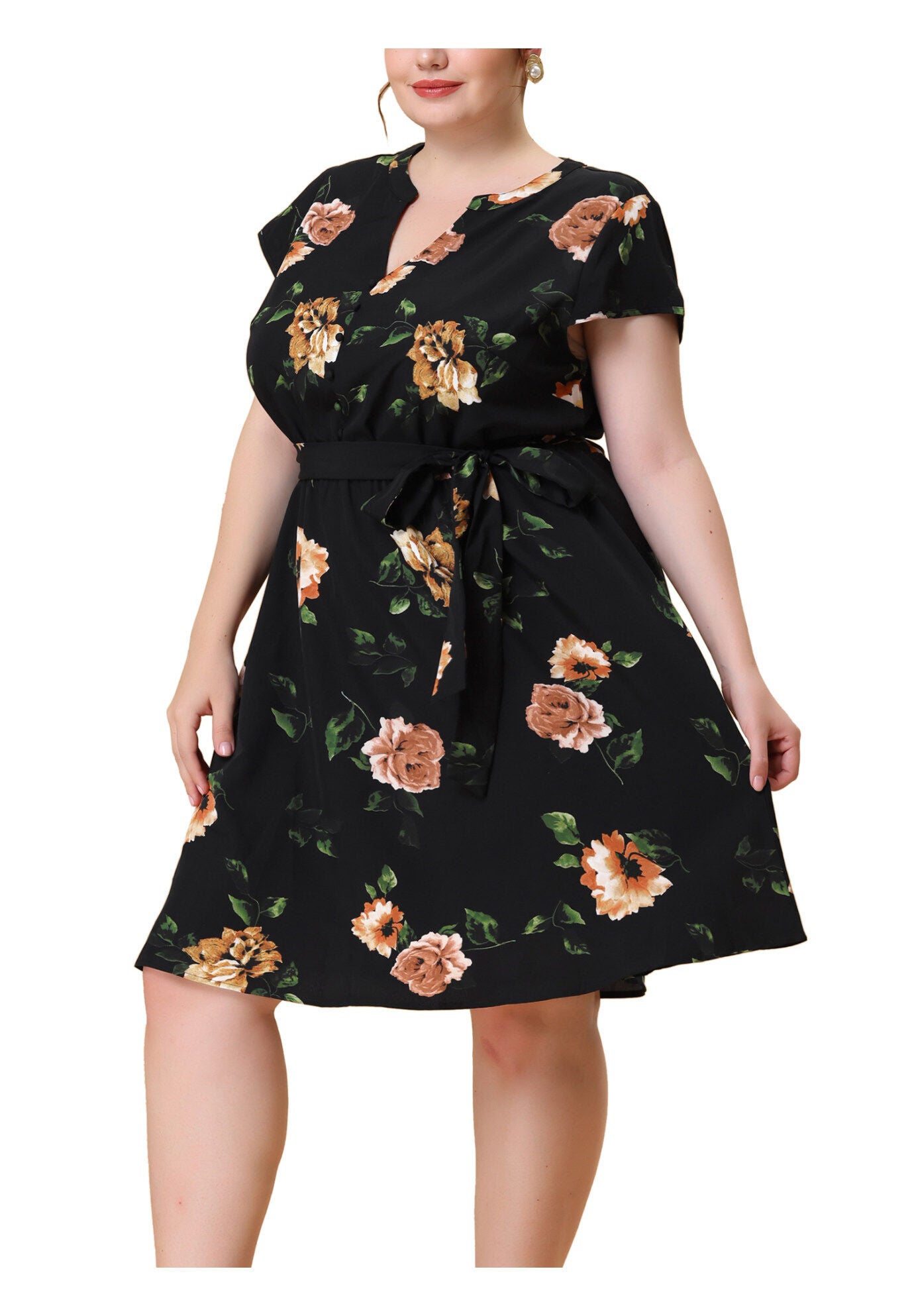 V Neck Belted Summer Floral Dress, Black / Black, alternate image number 2