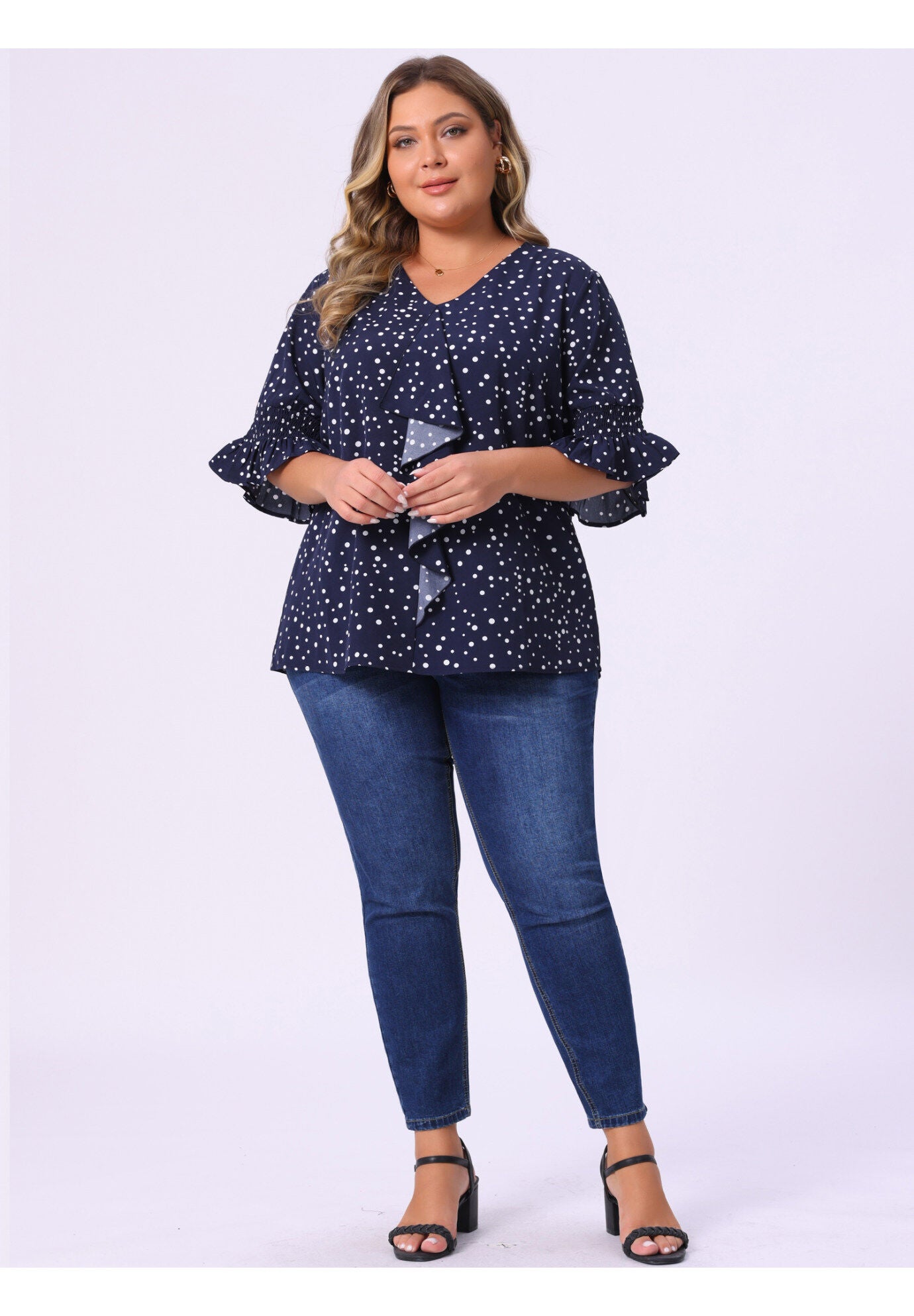 Ruffle Blouse V Neck Smocked Sleeves Top, Dark Blue / Navy, hi-res image number 0
