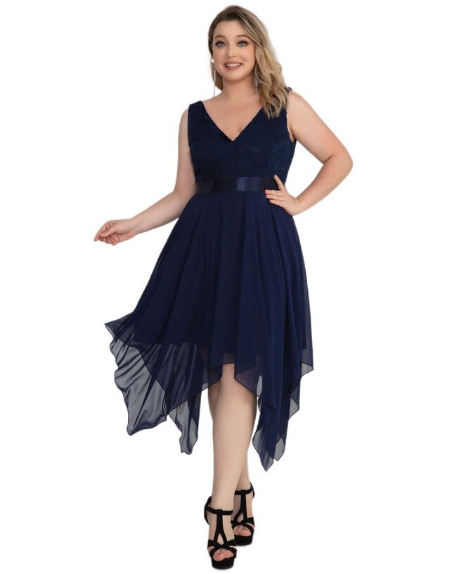 Stunning V Neck Lace Dress with Asymmetrical Hems, , alternate image number 8