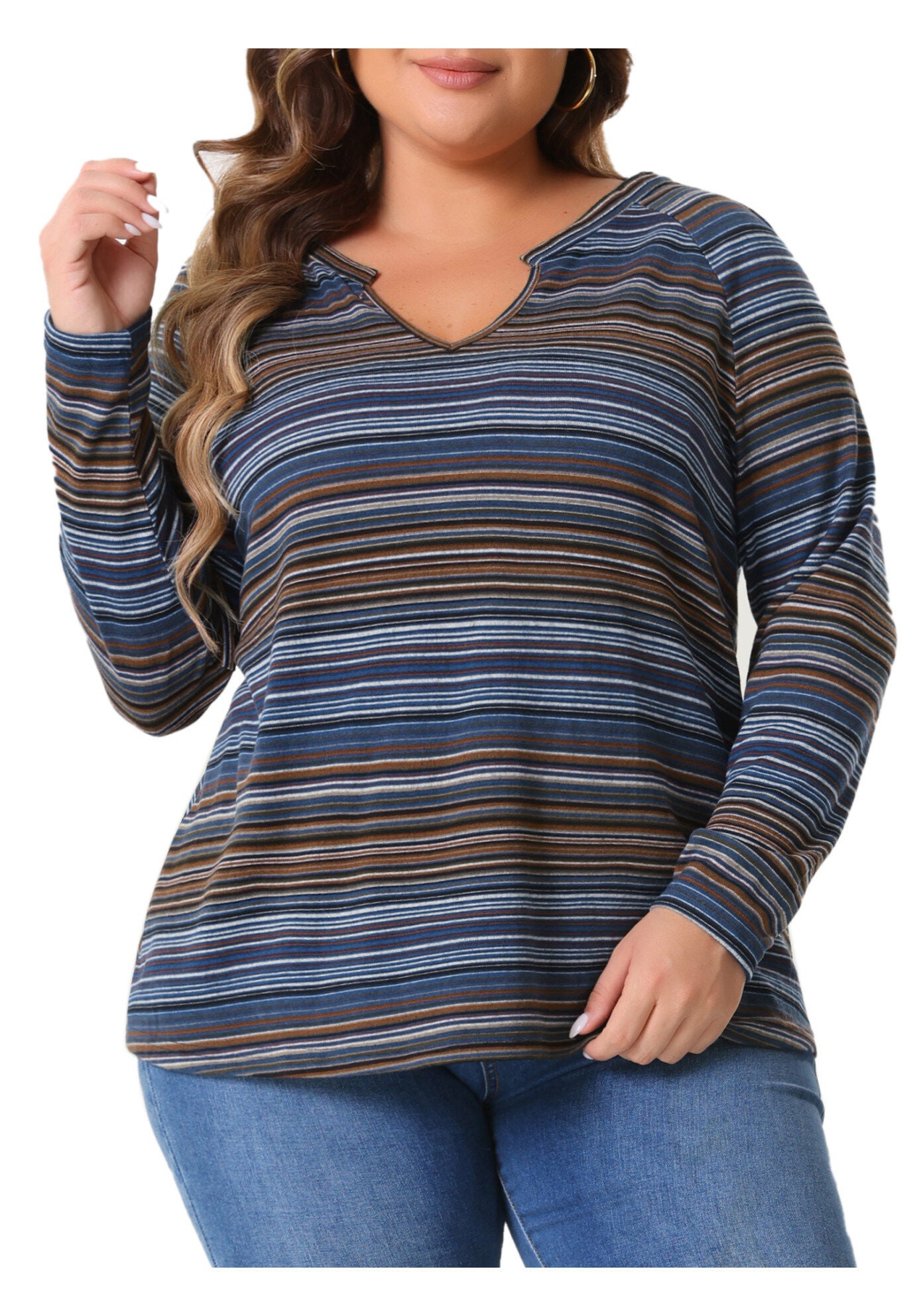 Long Sleeve T-Shirt Notch V Neck Blouse, Blue / Navy, alternate image number 1