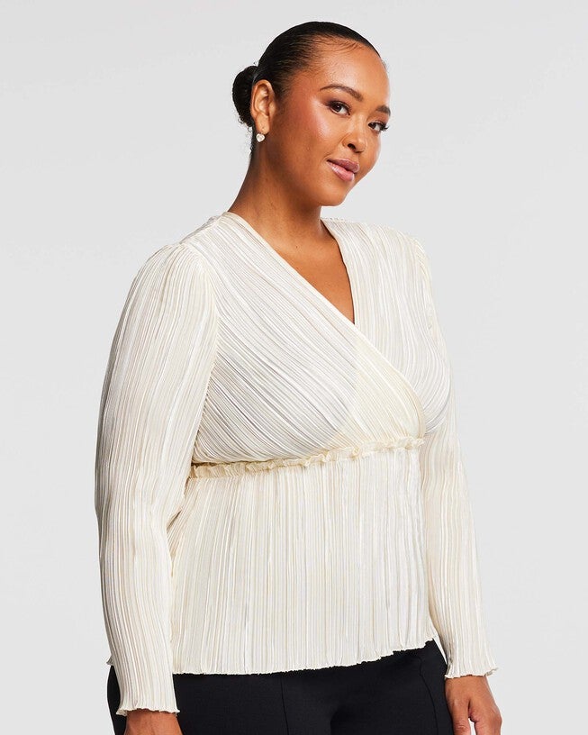 Alexandra Cream Wrap-Illusion Pleated Top, , alternate image number null