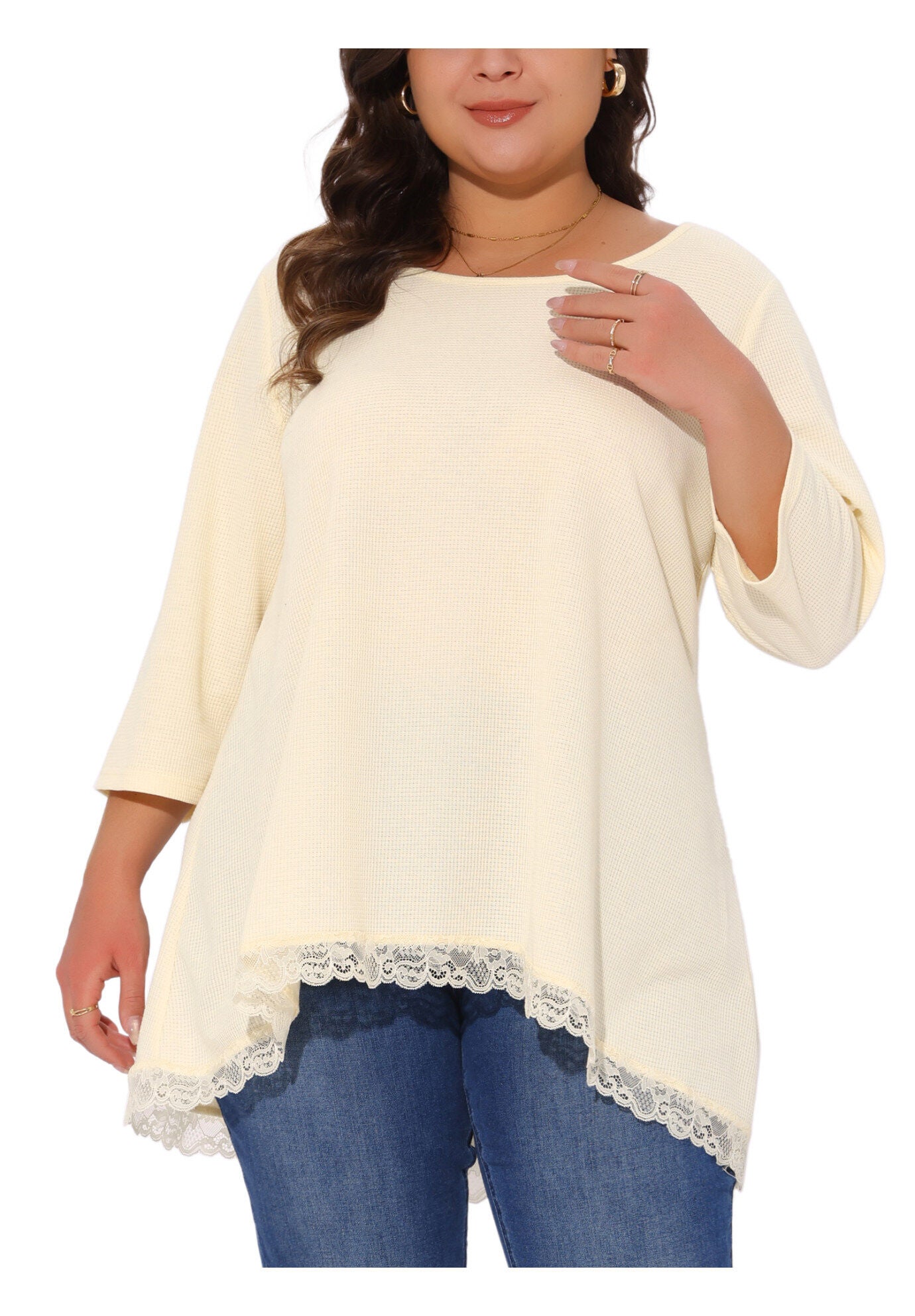 Waffle 3/4 Sleeve Lace Panel Loose High Low Hem Blouse Top, Beige / Beige, alternate image number 3