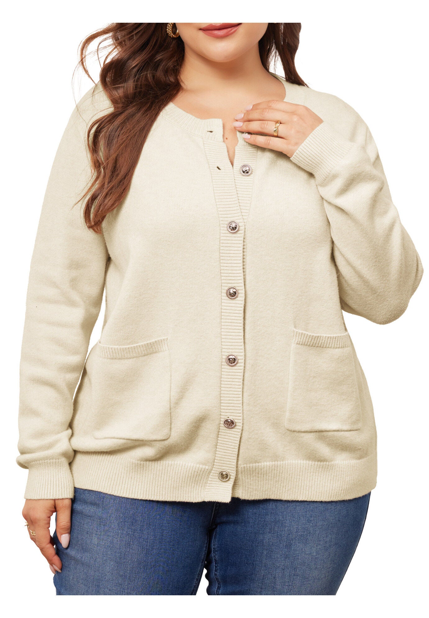 Button Down Crew Neck Sweater Knit Cardigan, Beige / Beige, alternate image number 2