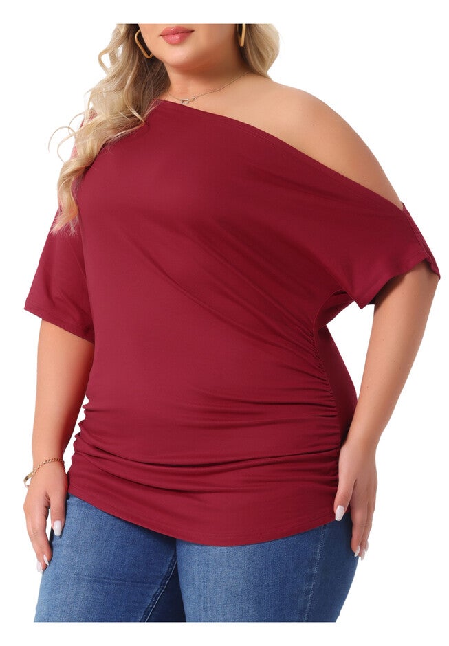 ONE SHOULDER SHORT SLEEVE RUCHED TOP, Burgundy / Burgundy, alternate image number null